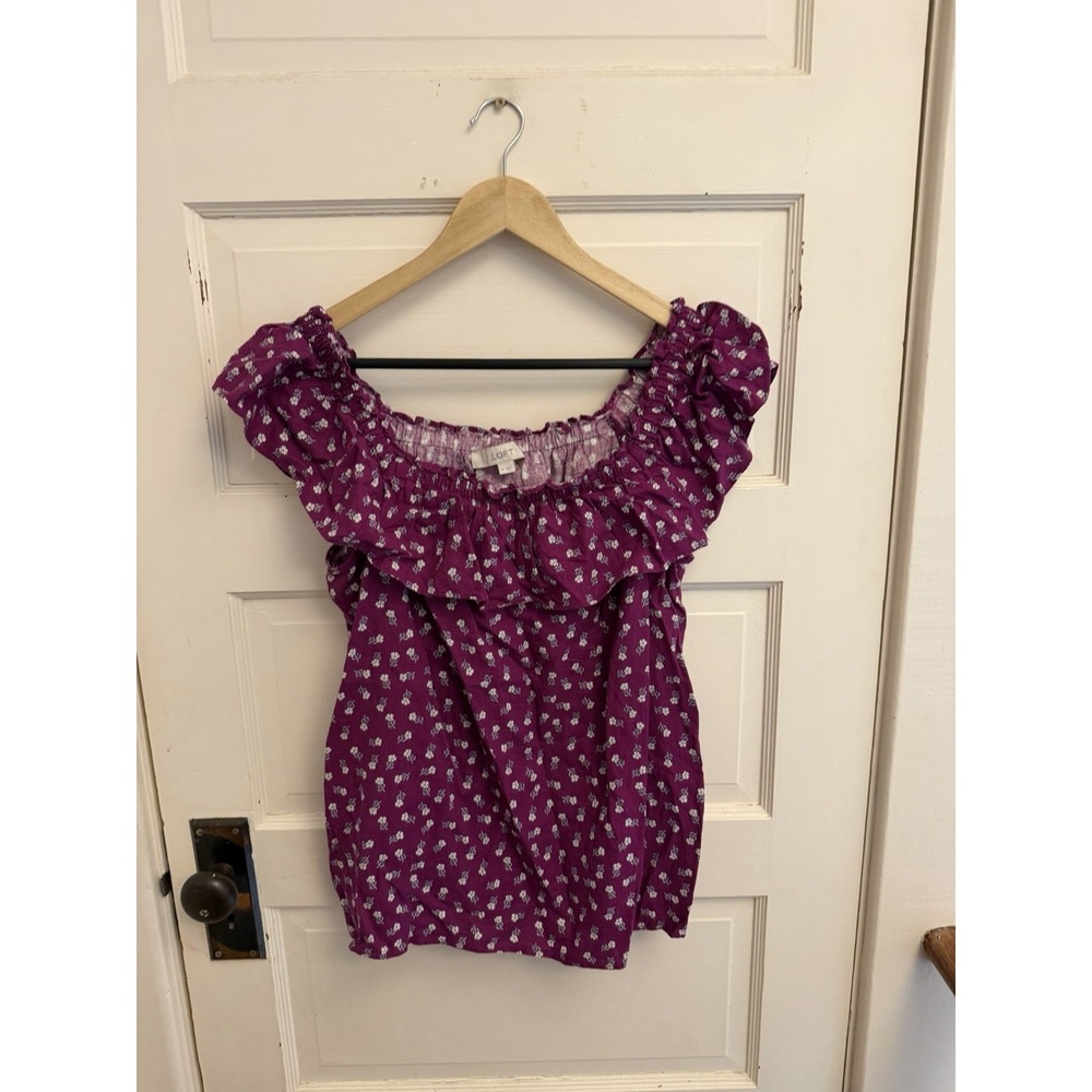 LOFT Women's Purple Floral Sleeveless‎ Linen Blend Top Blouse Ruffle Size M